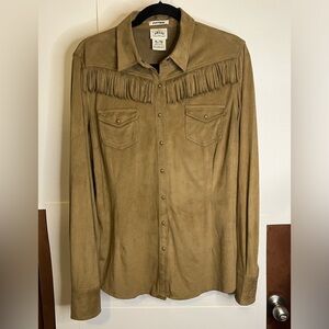 Ariat Women’s Tan Faux Suede Fringed  Shirt  with Pearl Snaps. Size XL.